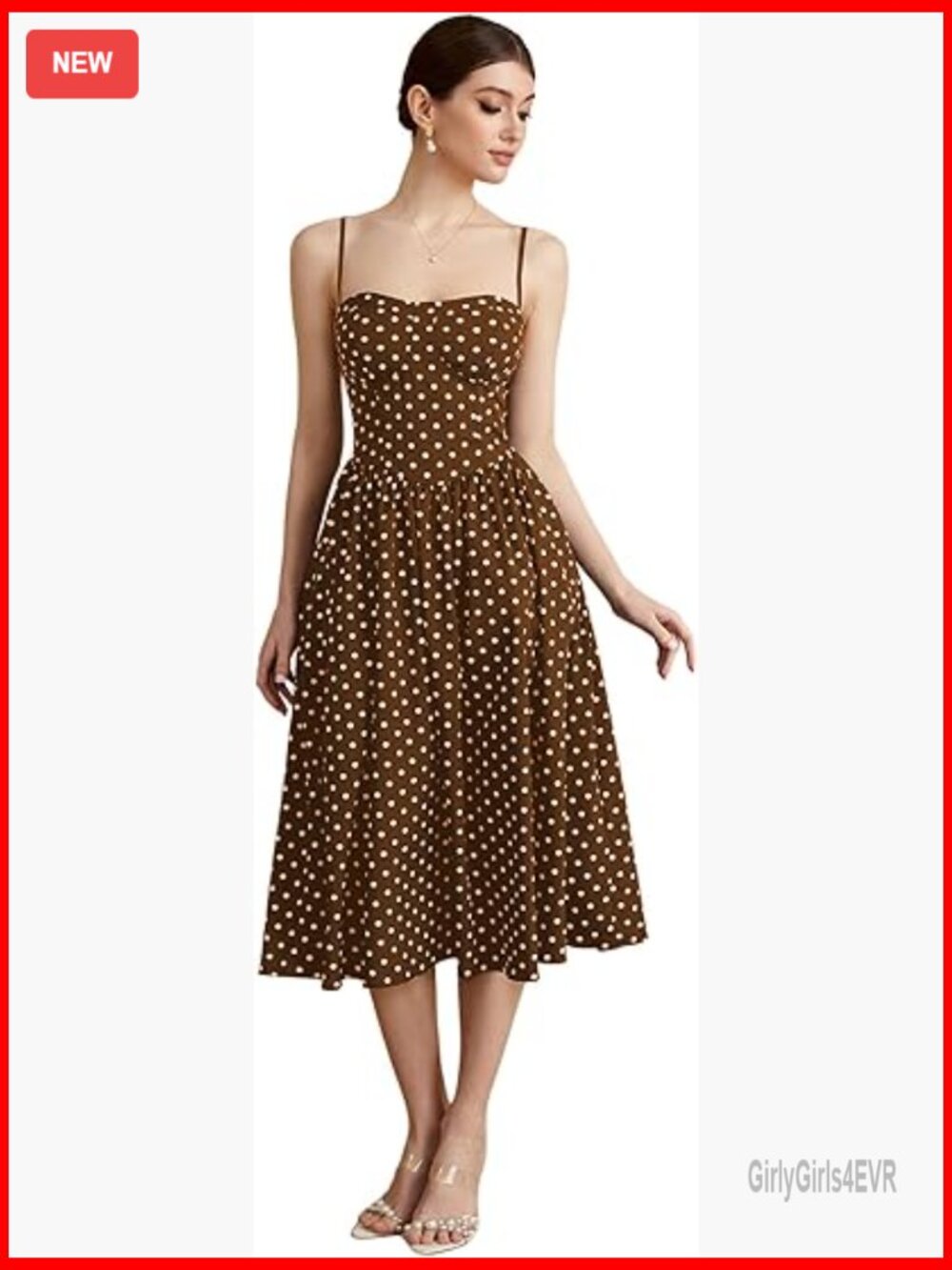 Polka Dot Flared A-Line Midi Dress Spaghetti Strap Vintage Flow - Picture 1 of 6